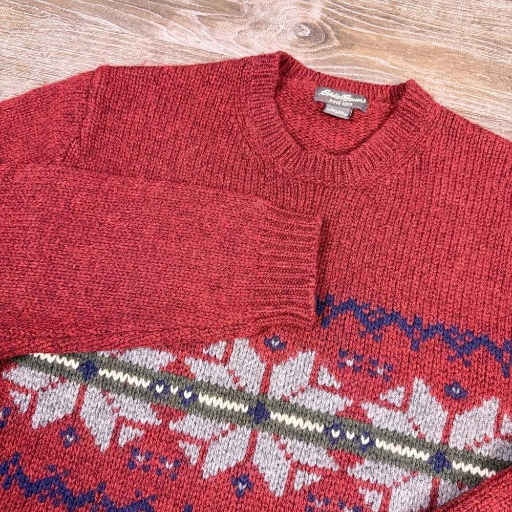 Eddie Bauer Mens Wool Sweater L Red Nordic Aztec‎ Pullover Jumper Cabincore Fall